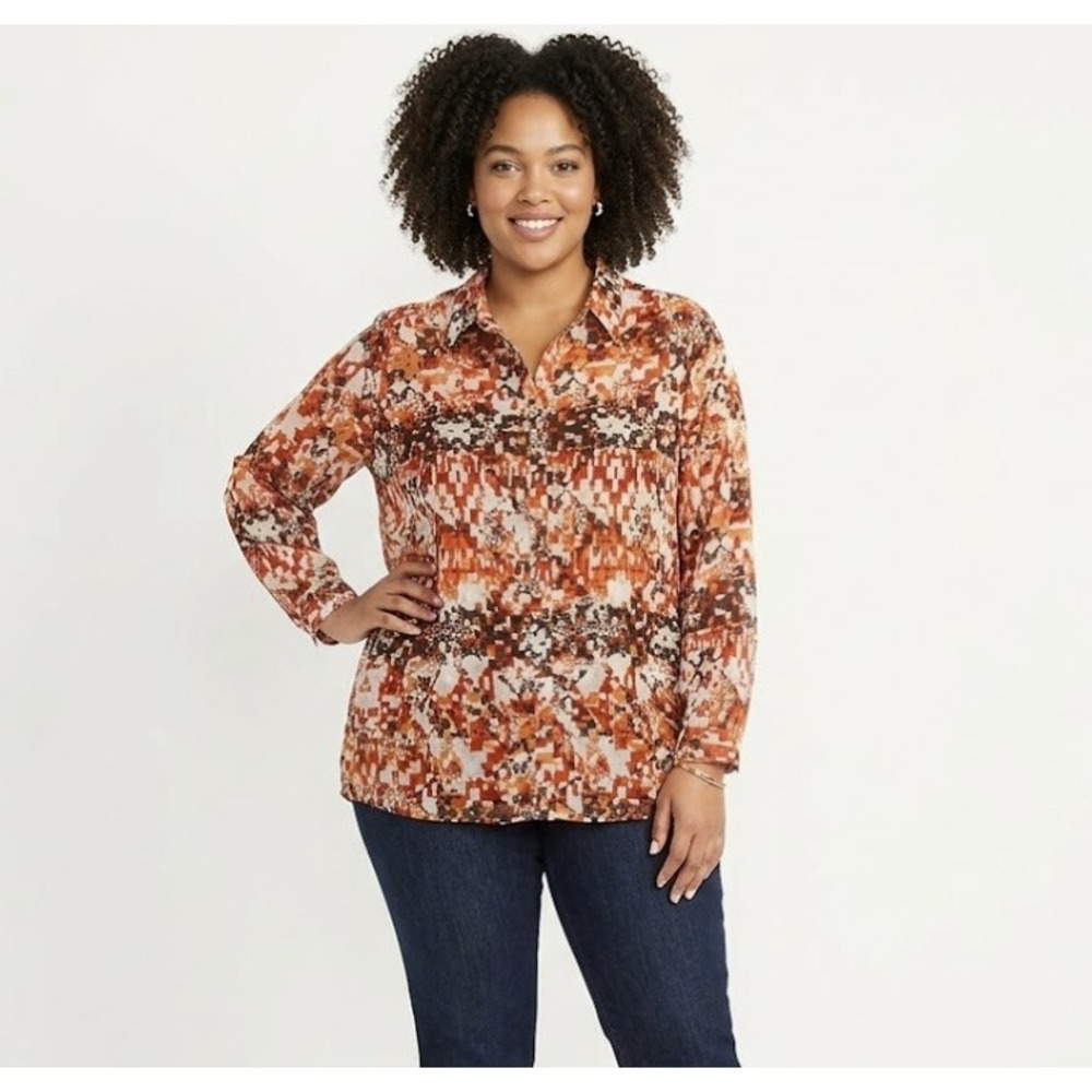 J. Jill Orange Brown Geometric Print Soft Lightweight Relaxed Button Down Large